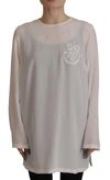 DOLCE & GABBANA DOLCE & GABBANA WHITE SILK DG LOGO EMBROIDERED LONG SLEEVES WOMEN'S BLOUSE