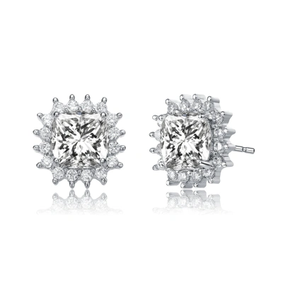 Rachel Glauber Ra White Gold Plated Clear Round And Radiant Cubic Zirconia Square Stud Earrings