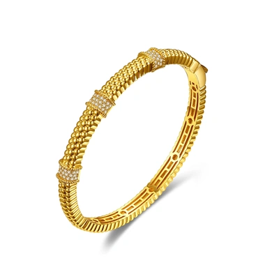 Rachel Glauber Rg 14k Gold Plated With Diamond Cubic Zirconia 3d Textured Bangle Bracelet In Yellow