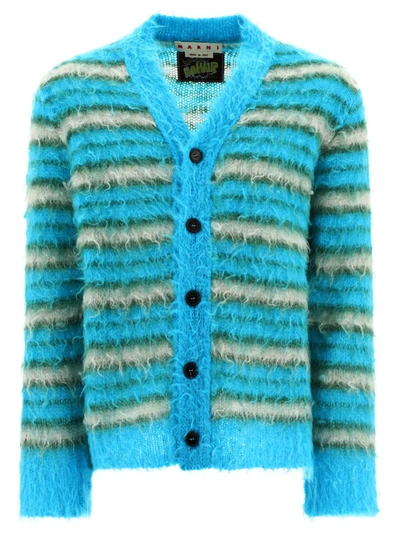 Marni Brushed-knit Striped Cardigan In Green