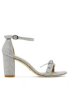 Stuart Weitzman Nearlynude Bow Strap Heeled Sandals In Silver