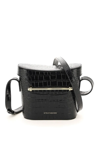 Strathberry Safari Croc Embossed Leather Crossbody Bag In Black