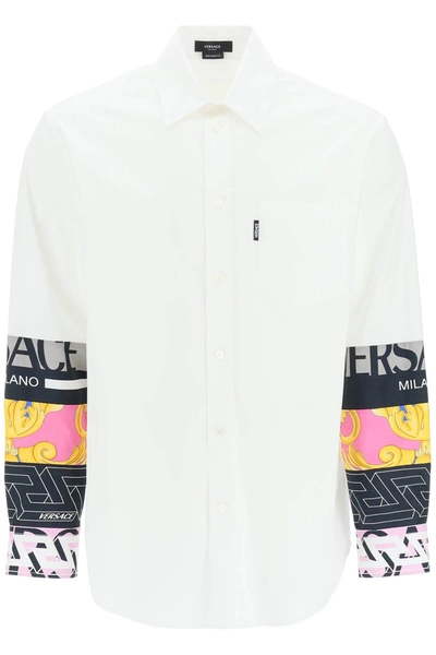 Versace Renaissance La Greca Cotton Poplin Button-up Shirt In White