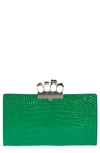 ALEXANDER MCQUEEN JEWELLED FOUR-RING CROC EMBOSSED PATENT LEATHER CLUTCH
