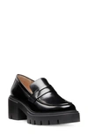 Stuart Weitzman Chunky Heel Patent Leather Loafers Platform In Black Spazzolato Leather