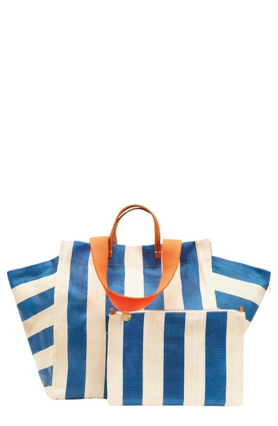 Clare V Stripe Canvas Beach Tote In Azul And Shell Striped Mesh