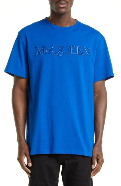 Alexander Mcqueen Embroidered Logo Cotton T-shirt In Blue