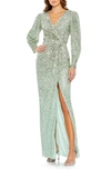 MAC DUGGAL SEQUIN WRAP BODICE LONG SLEEVE GOWN