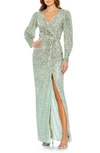 Mac Duggal Sequin Wrap Bodice Long Sleeve Gown In Seafoam