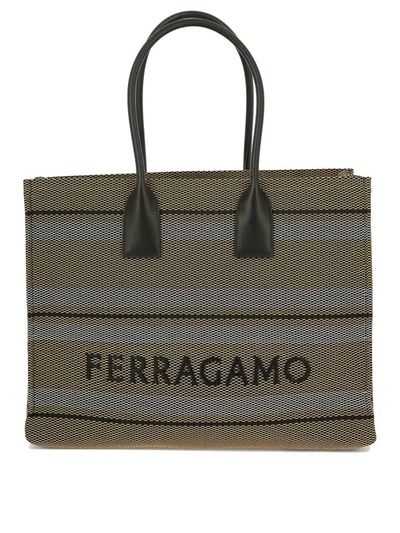 Ferragamo Salvatore  Logo Jacquard Signature Tote Bag In Beige