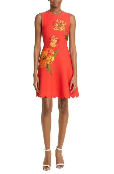 Lela Rose Scalloped Mini Dress With Floral Detail In Red/ Tangerine