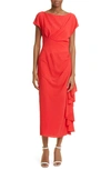 Lela Rose Side Ruched Satin-effect Midi Dress In Red