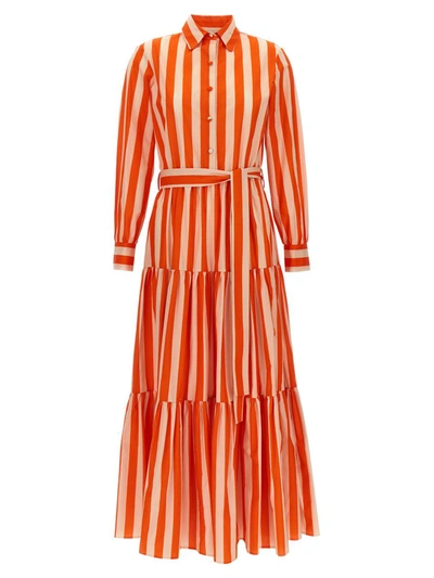 La Doublej Bellini Tiered Striped Cotton-poplin Maxi Shirt Dress In Orange