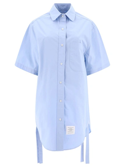 Thom Browne Logo Patch Shirt Dress In Light Blue