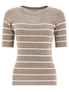 Brunello Cucinelli Lurex Striped Knit Crewneck Top In Beige