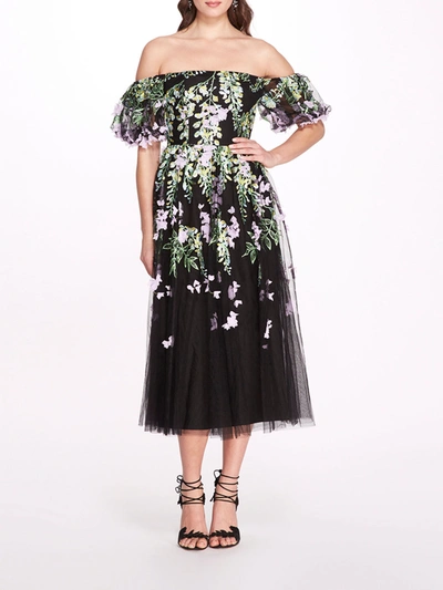Marchesa Embroidered Off Shoulder Bubble Dress In Black Lilac