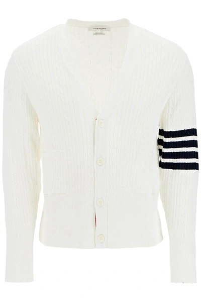 Thom Browne 4-bar Stripe Cable-knit Cardigan In White