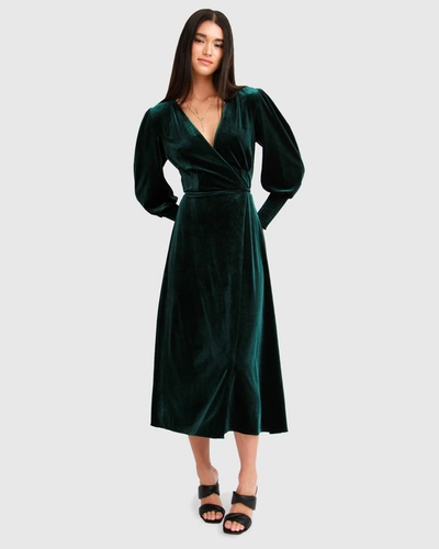 Belle & Bloom Current Mood Velvet Wrap Dress In Dark Green