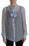 Dolce & Gabbana Light Blue Silk Ascot Collar Long Sleeves Blouse Top In Blue