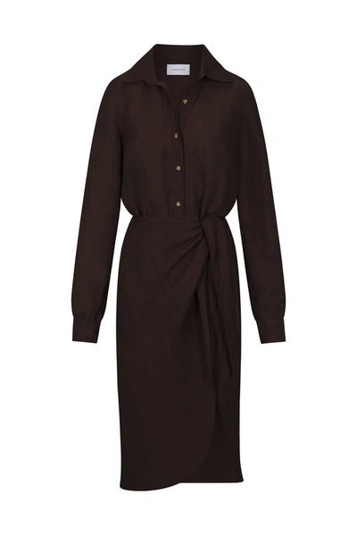 Anemos The L.a. Button Down Asymmetric Wrap Midi Dress In Linen Cupro In Espresso