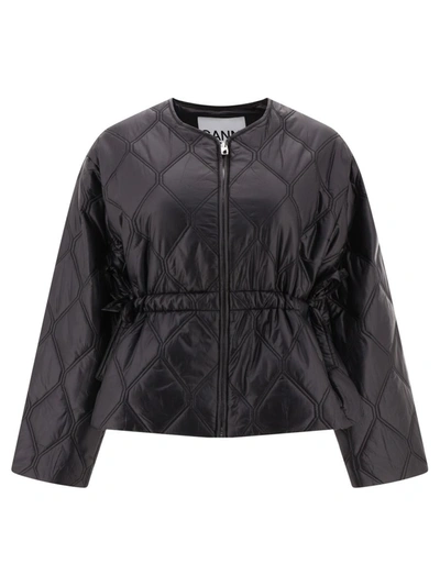 Ganni Short Black Down Jacket With Tie Sides In Recycled Nylon Woman