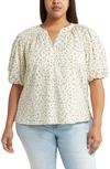 VINCE CAMUTO FLORAL PRINT METALLIC PUFF SLEEVE BLOUSE