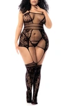 Mapalé Mapale Fishnet Basque, Thong & Stockings Set In Black