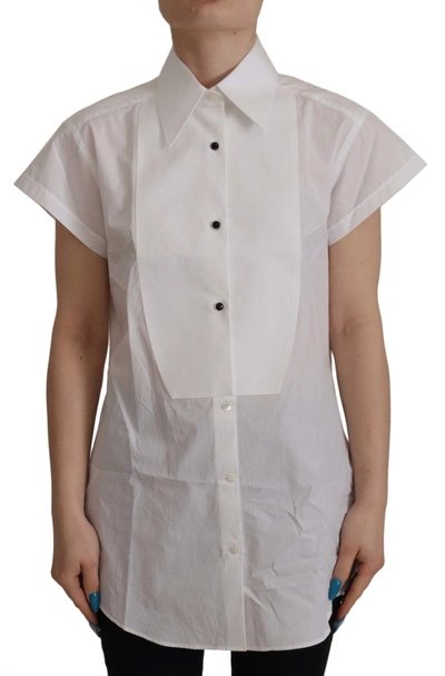 Dolce & Gabbana White Short Sleeve Tuxedo Formal Blouse Shirt
