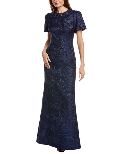 Teri Jon By Rickie Freeman Jacquard Short-sleeve Gown In Blue