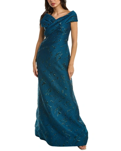 Teri Jon By Rickie Freeman Off-the-shoulder Jacquard Gown In Blue