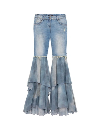 Blumarine Blue Flared Jeans With Chiffon Ruffles