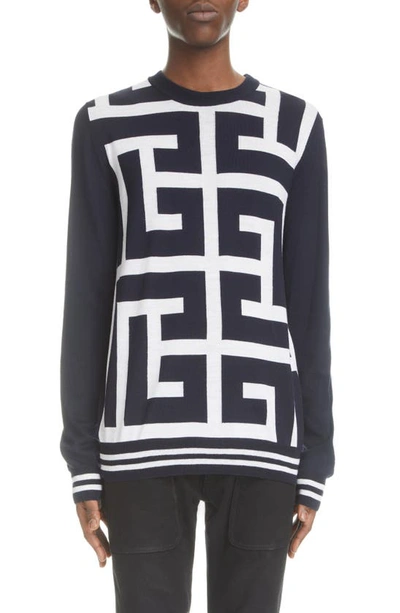 Balmain Monogram-print Merino Wool Jumper In Black