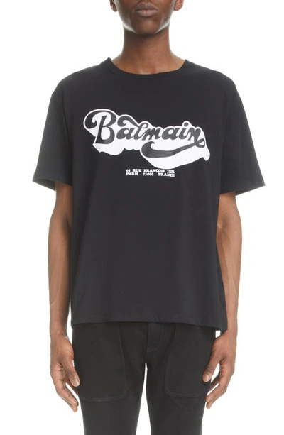 Balmain Black Crewneck T-shirt With 70s Logo Print In Organic Cotton Man In Black,white