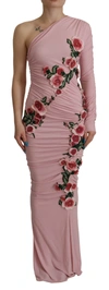 Dolce & Gabbana Pink Flower Embellished One Shoulder Dress In Pink
