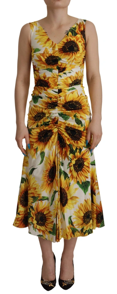 Dolce & Gabbana White Sunflower Print Sheath Midi Silk