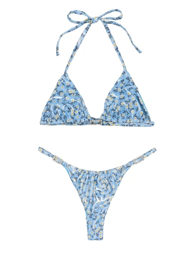 Alessandra Rich Floral Print Laminated Bikini In Blue