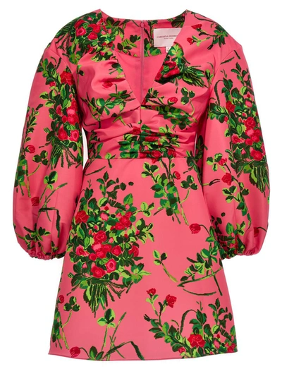 Carolina Herrera Floral Print Ruched Mini Dress With Balloon Sleeves In Multicolour