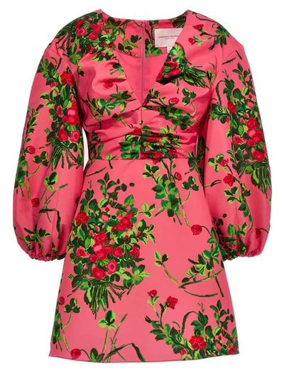 Carolina Herrera Floral Print Ruched Mini Dress With Balloon Sleeves In Flamingo Multi