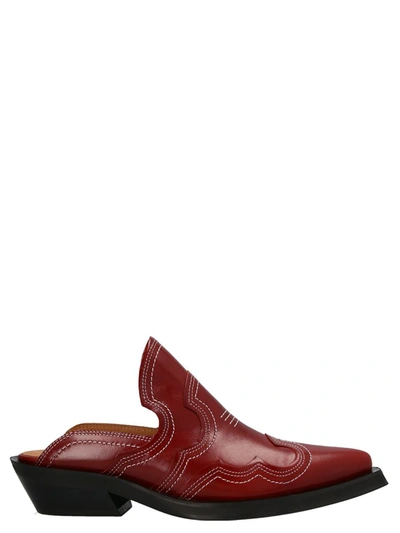 Ganni Embroidered Western Mules In Barbados Cherry