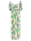 Ganni Short Sleeve Printed Mesh Puff Sleeves Long Dress In Beige