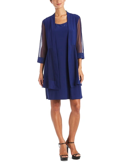 R & M Richards Petites Womens 2pc Shimmer Dress With Cardigan In Blue
