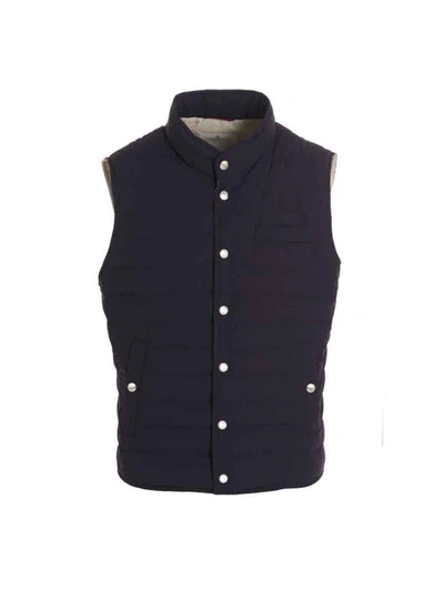 Brunello Cucinelli Men's Snap-front Quilted Down Waistcoat In Blue