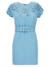 Ermanno Scervino Lace Dress With Belted Waist And Cap Sleeves In Light Blue
