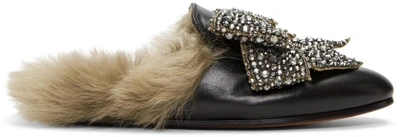 Gucci Princetown Shearling-lined Embellished Leather Slippers In Black
