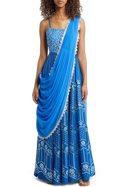 Sani Anjali Metallic Embroidered Anarkali With Dupatta In Cobalt/ Electric Blue