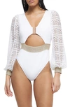 RIVER ISLAND LACE LONG SLEEVE CUTOUT ONE-PIECE SWIMSUIT