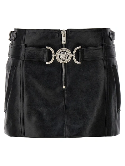 Versace Black Miniskirt With Belt And Medusa Buckle In Calf Woman