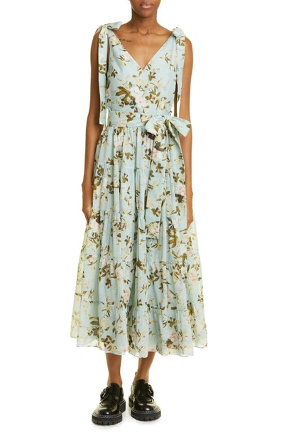 Erdem Floral-print Tiered Midi Dress With Self-tie Shoulder Detail In Magnolia Garden Mint