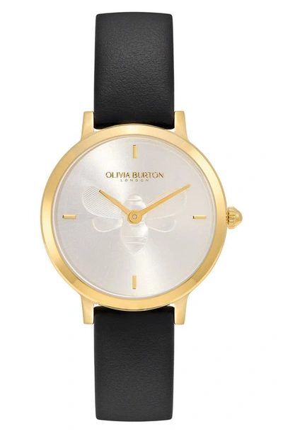 Olivia Burton Women's Ultra Slim Bee Black Leather Watch 28mm In White