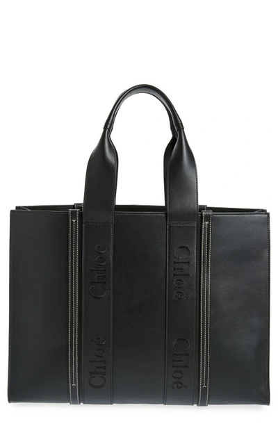 Chloé Large Woody Leather Tote In 001 Black